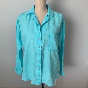 Maeve Anthropologie Womens Blue Button Up Linen Shirt - Ruched Sleeve - Small